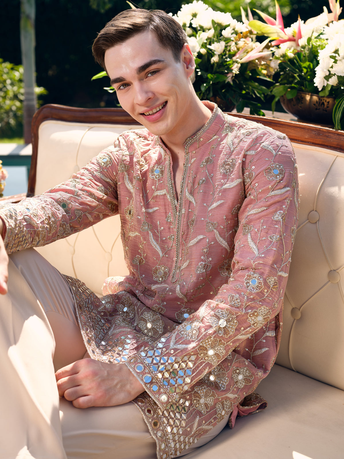 Peach Short Kurta Set with Mirror Embroidery