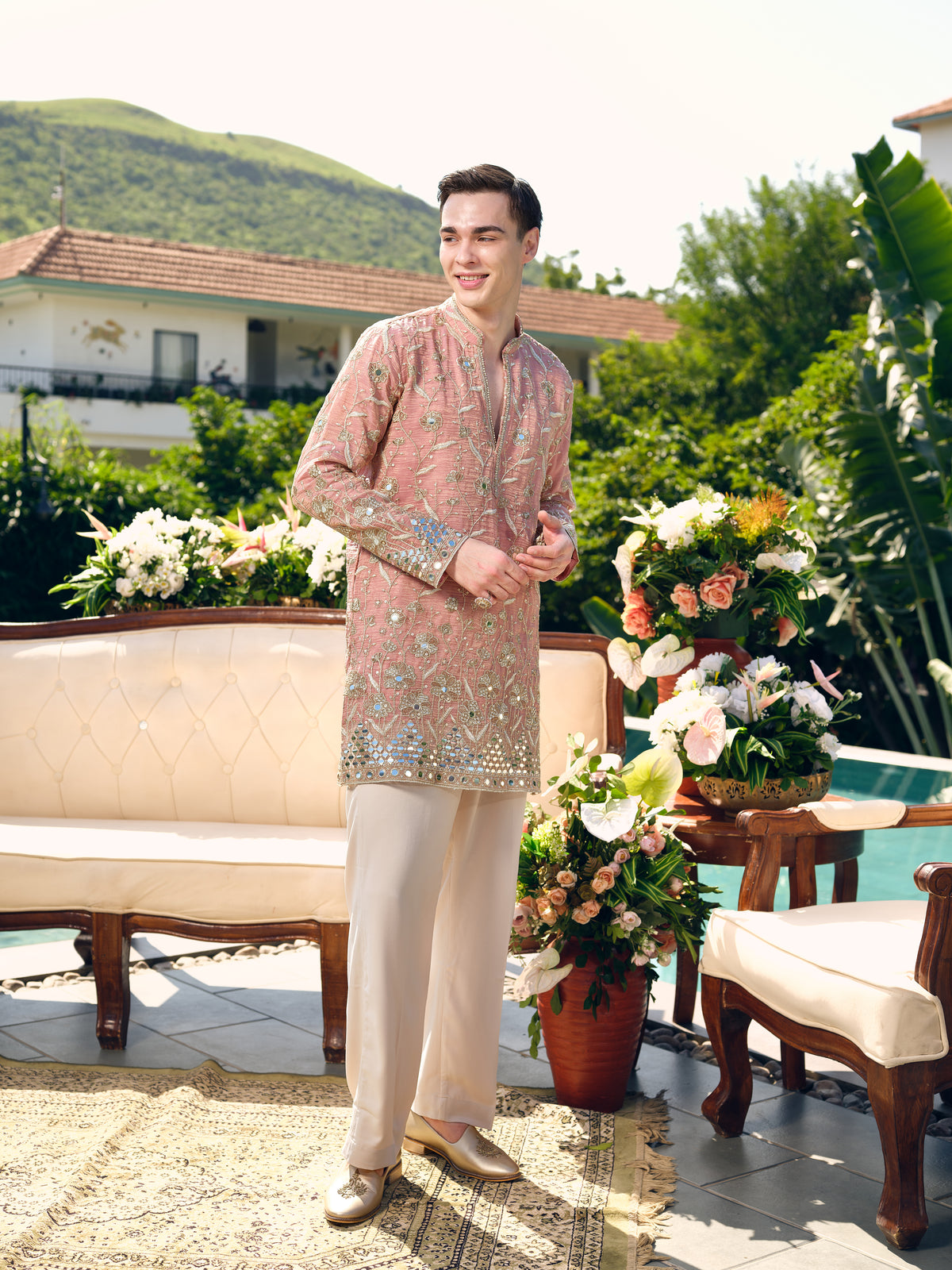 Peach Short Kurta Set with Mirror Embroidery