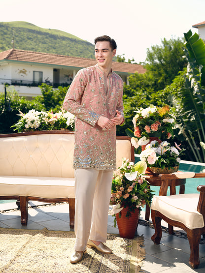 Peach Short Kurta Set with Mirror Embroidery