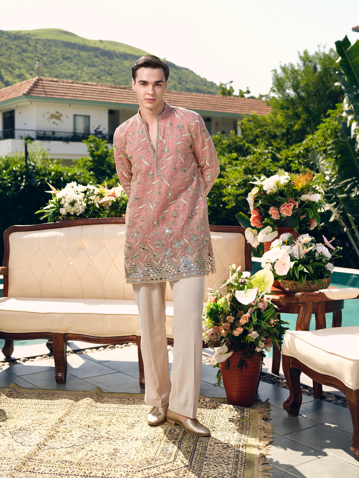 Peach Short Kurta Set with Mirror Embroidery