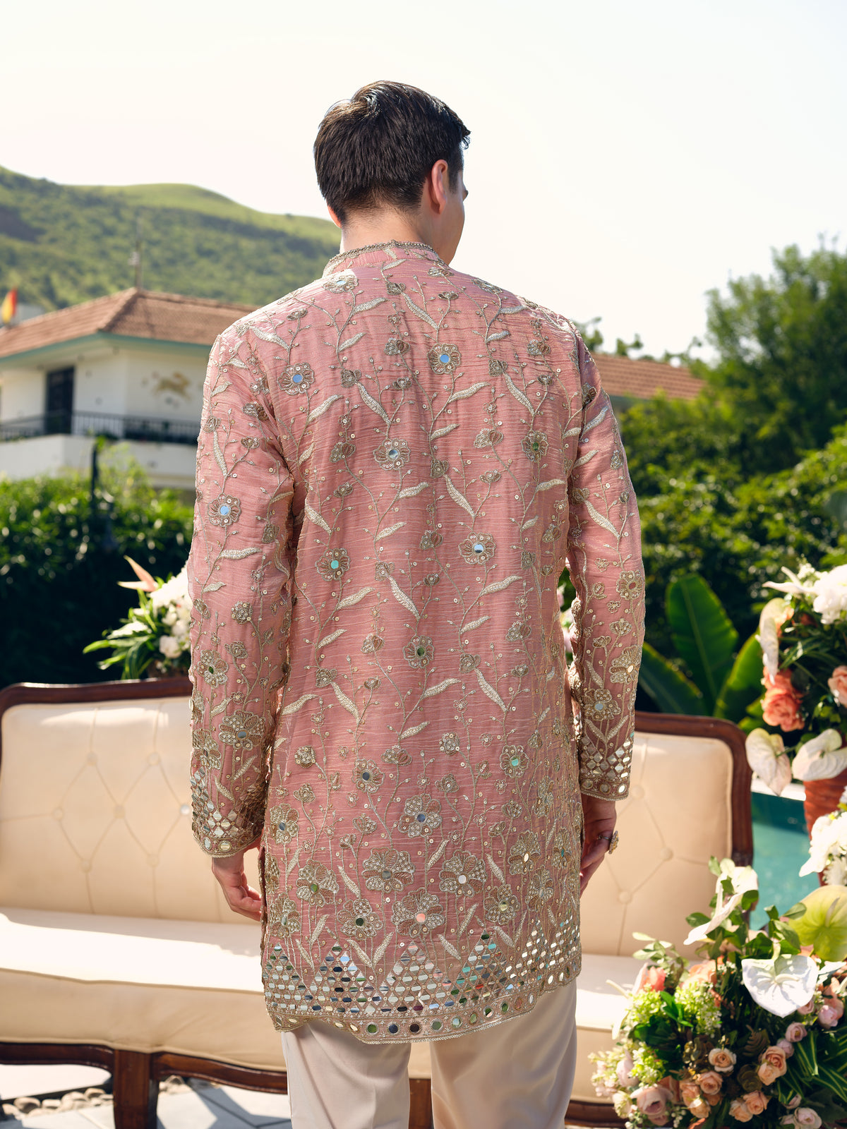 Peach Short Kurta Set with Mirror Embroidery