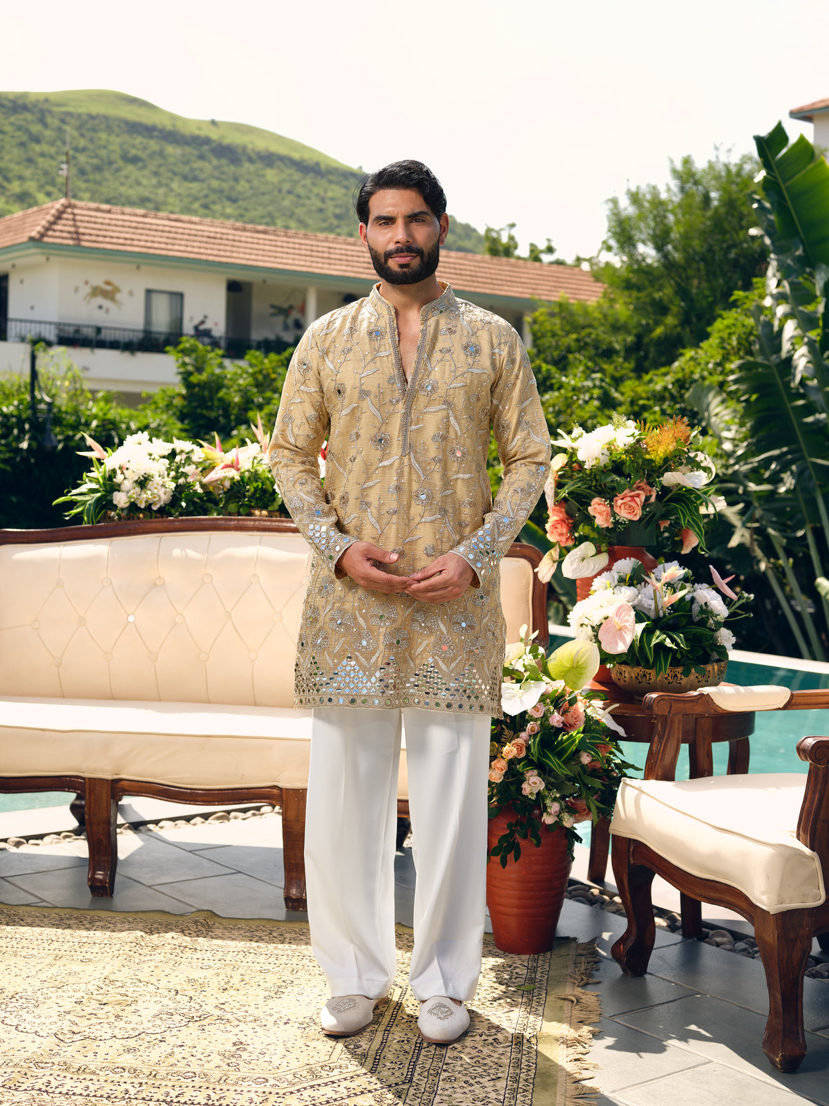 Beige Crush Tissue Short Kurta Set with Jari Embroidery, Mirror and Cut Work