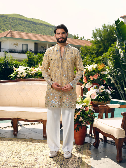 Beige Crush Tissue Short Kurta Set with Jari Embroidery, Mirror and Cut Work