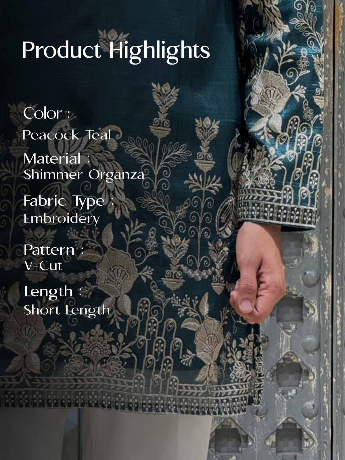 Peacock Teal Shimmer Organza Short Kurta Set with Jari Embroidery