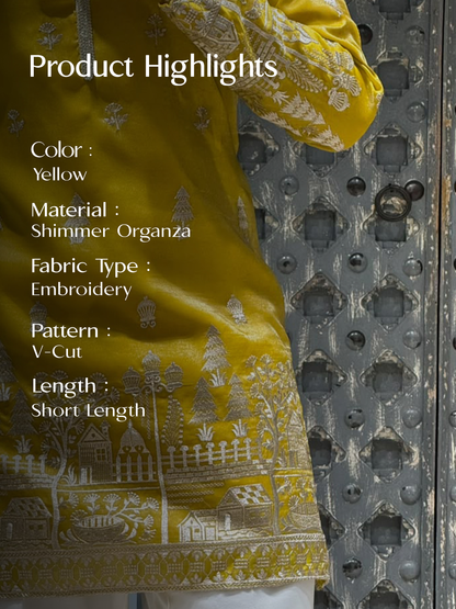 Mustard Shimmer Organza Short Kurta Set with Jari Embroidery