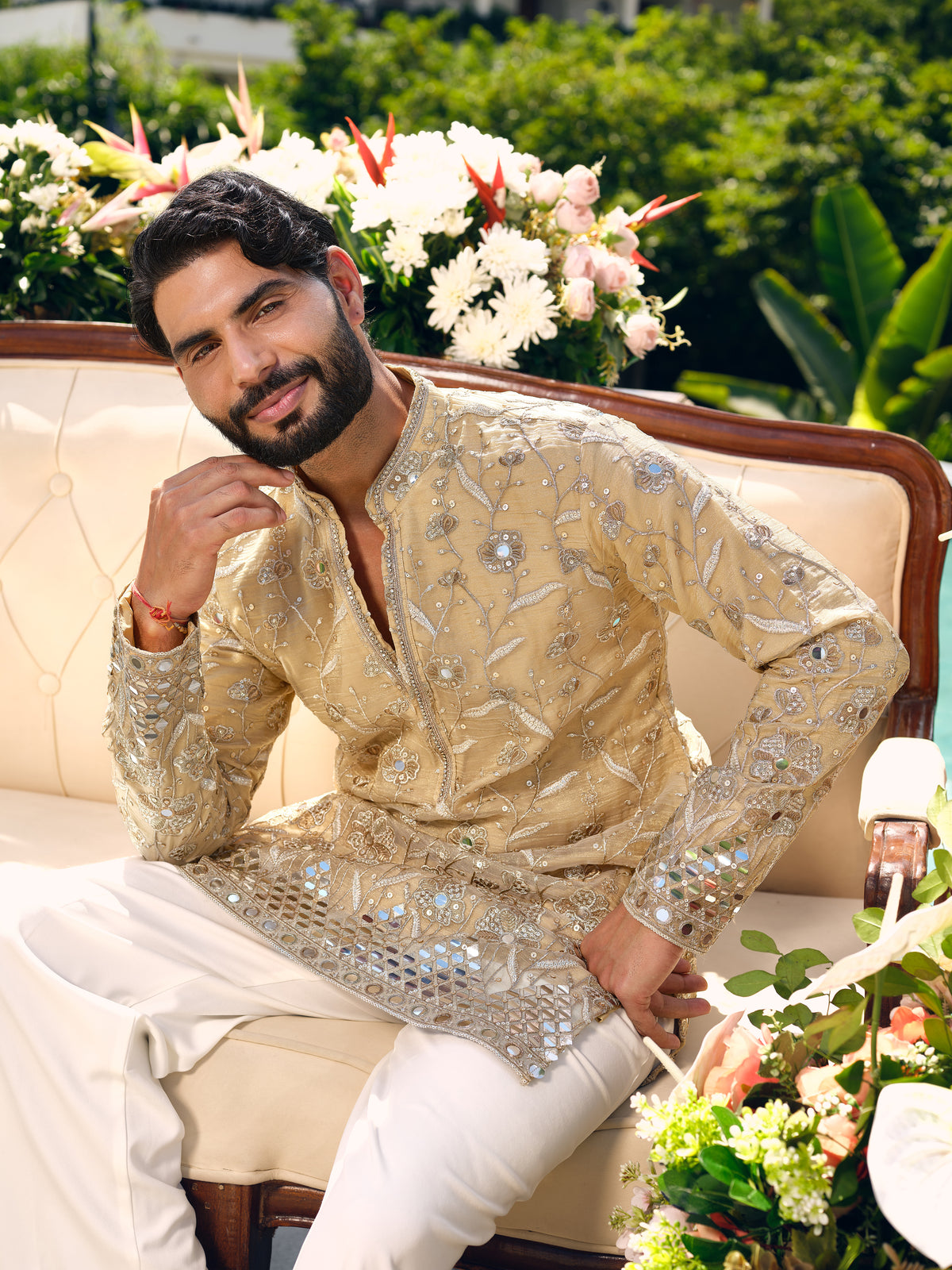 Beige Crush Tissue Short Kurta Set with Jari Embroidery, Mirror and Cut Work