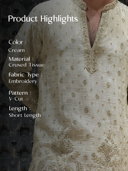 Cream Crush Tissue Short Kurta Set with Embroidery and Sequins