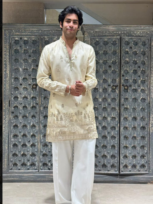 Shimmer Organza Short Kurta Set with Jari Embroidery