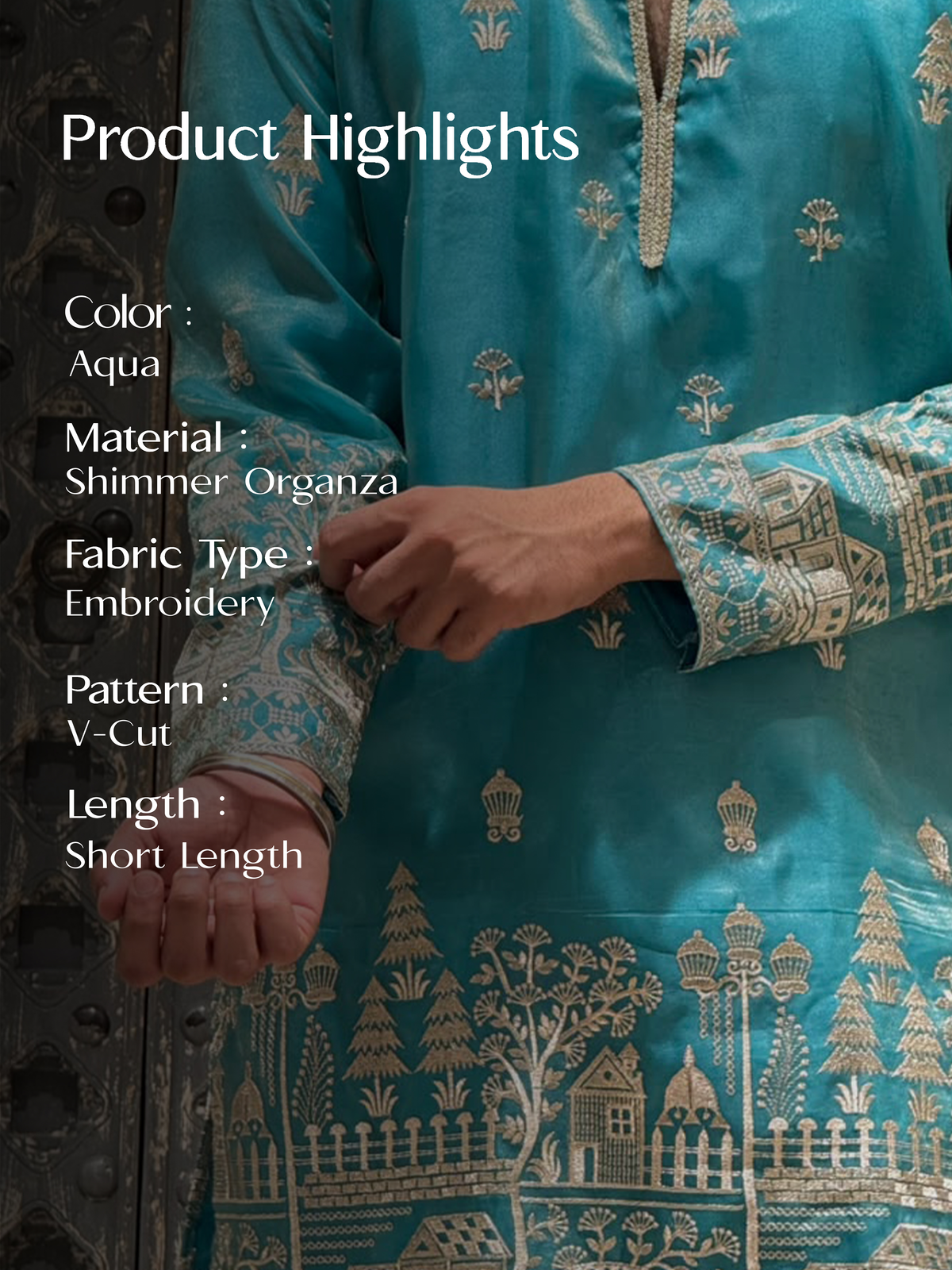 Aqua Shimmer Organza Short Kurta Set with Jari Embroidery