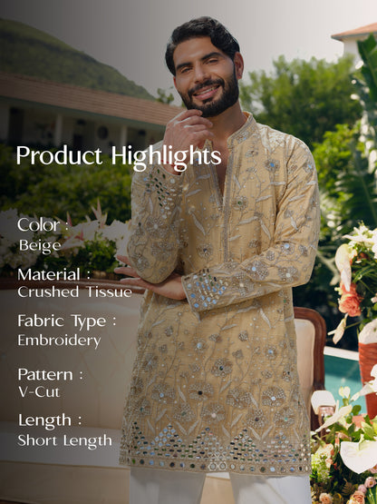 Beige Crush Tissue Short Kurta Set with Jari Embroidery, Mirror and Cut Work