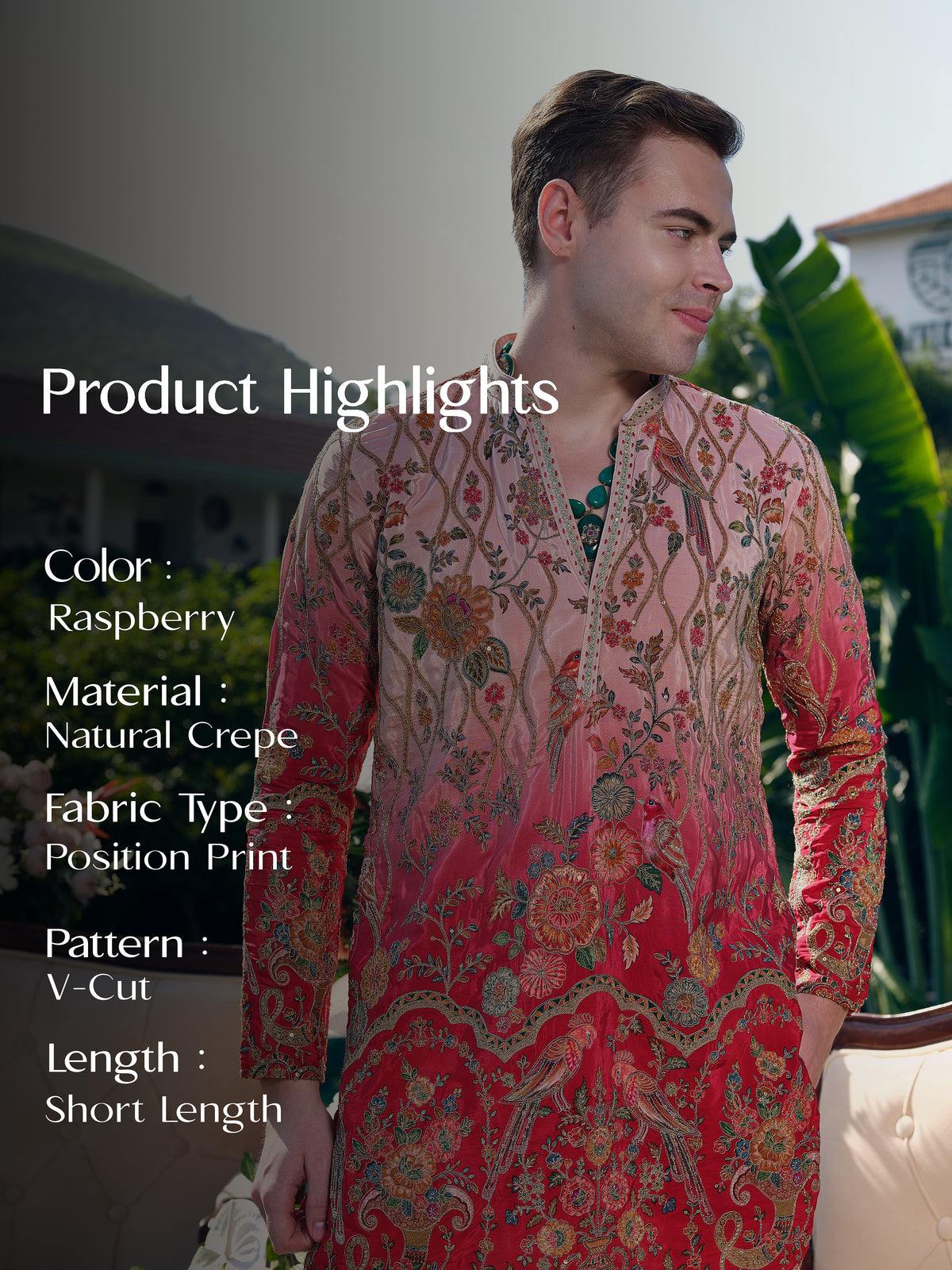 Raspberry Natural Crepe Short Kurta Set with Position Print and Coding