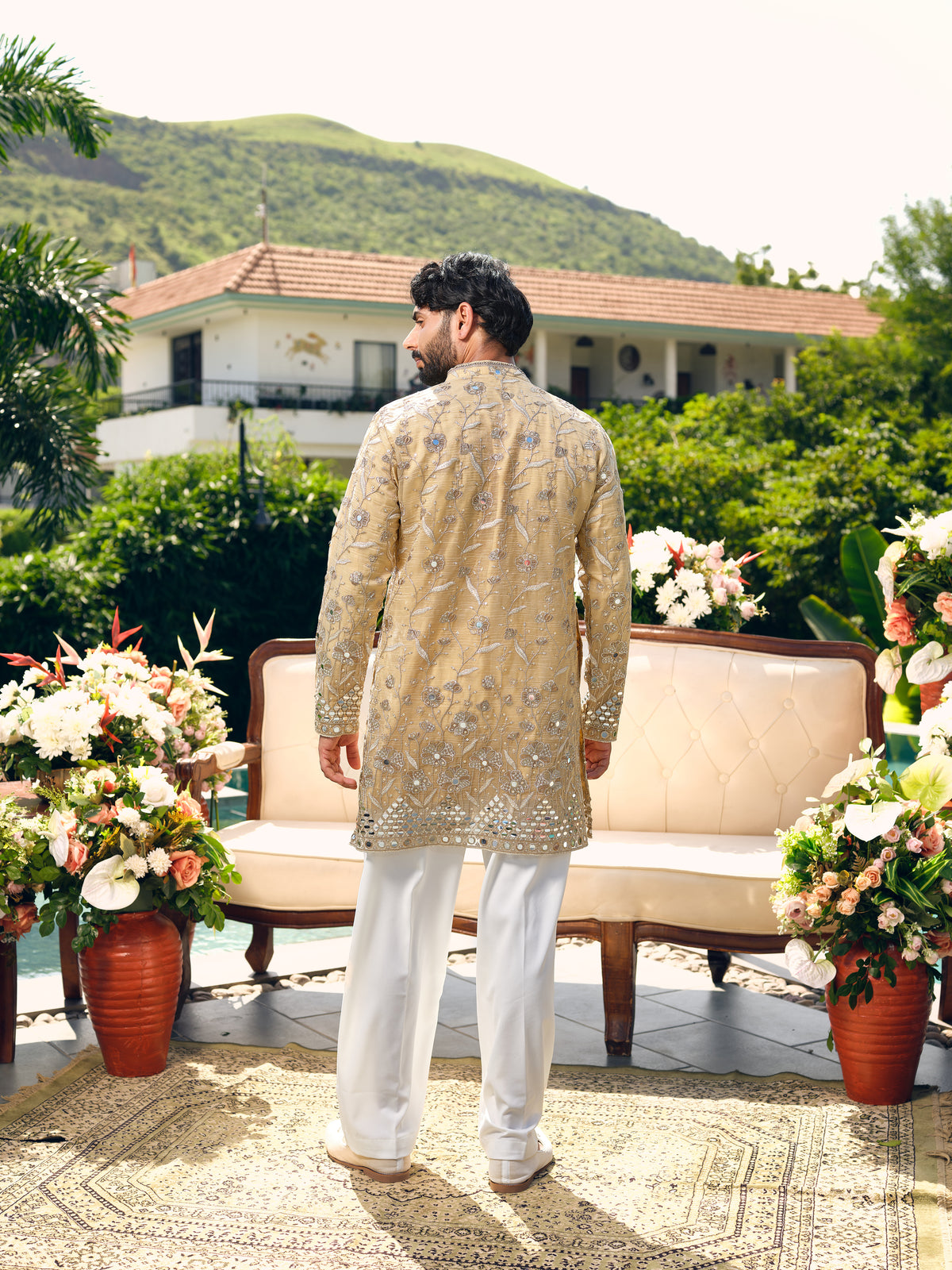 Beige Crush Tissue Short Kurta Set with Jari Embroidery, Mirror and Cut Work