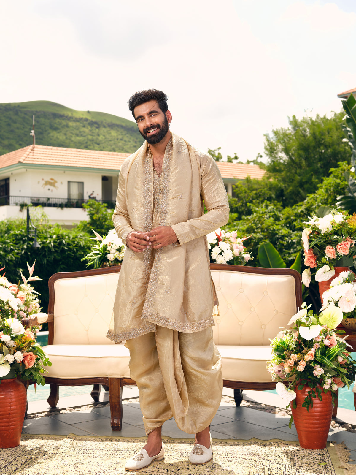Royal Gold Shimmer Organza Dhoti Kurta Set with Zari Embroidery and Stone Work