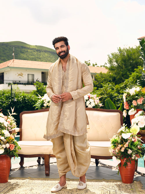 Royal Gold Shimmer Organza Dhoti Kurta Set with Zari Embroidery and Stone Work