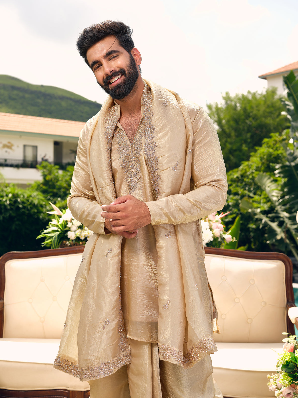 Royal Gold Shimmer Organza Dhoti Kurta Set with Zari Embroidery and Stone Work