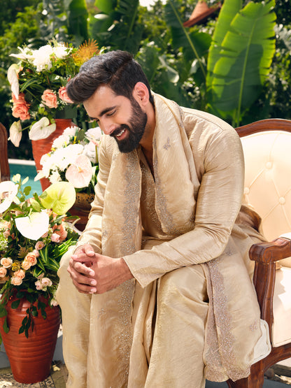 Royal Gold Shimmer Organza Dhoti Kurta Set with Zari Embroidery and Stone Work