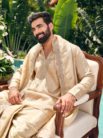 Royal Gold Shimmer Organza Dhoti Kurta Set with Zari Embroidery and Stone Work