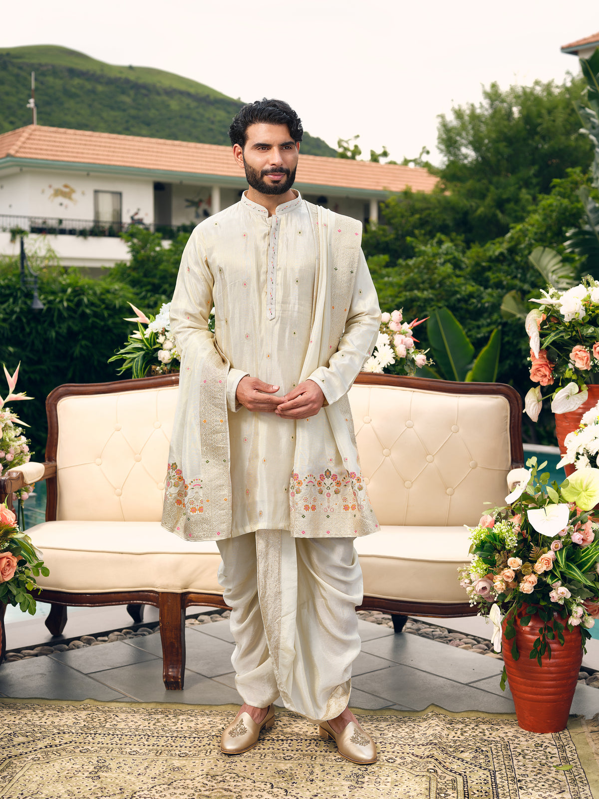 Warm Off White Tissue Jacquard Dhoti Kurta Set