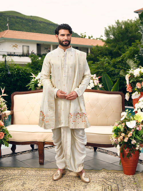 Warm Off White Tissue Jacquard Dhoti Kurta Set