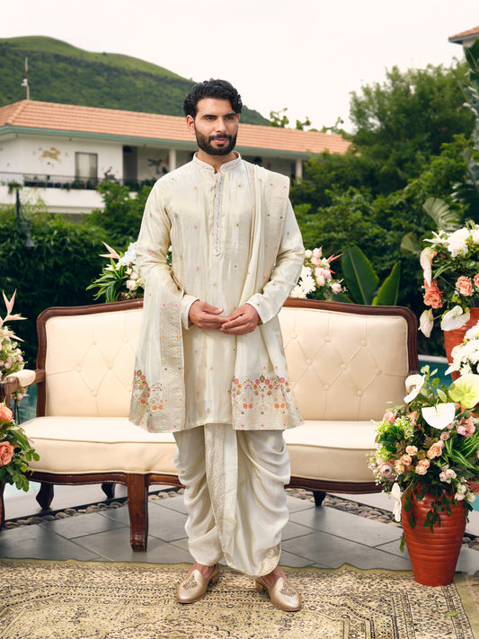 Warm Off White Tissue Jacquard Dhoti Kurta Set