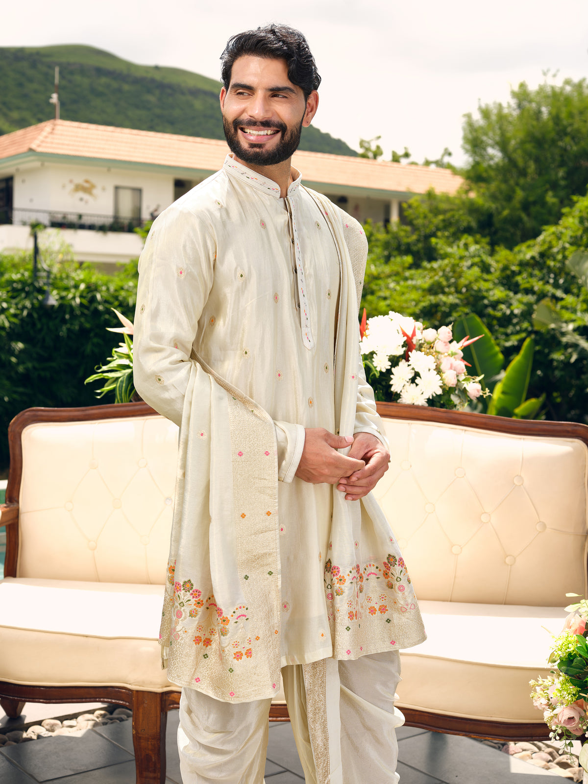 Warm Off White Tissue Jacquard Dhoti Kurta Set