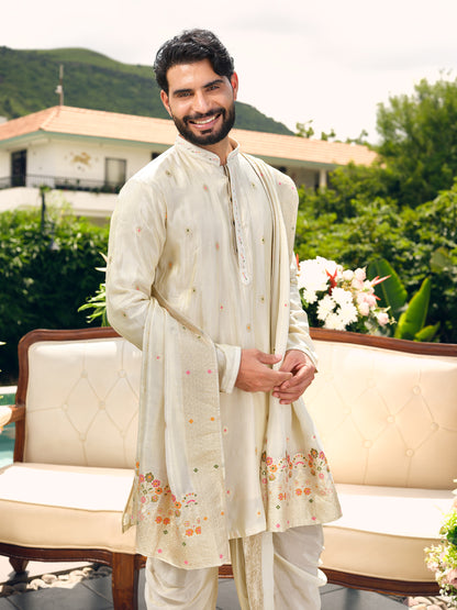 Warm Off White Tissue Jacquard Dhoti Kurta Set