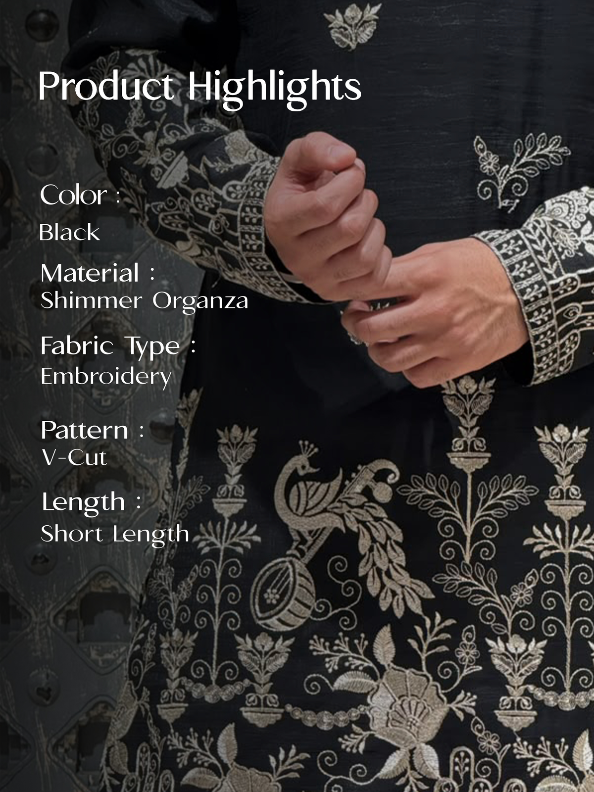 Black Shimmer Organza Short Kurta Set with Jari Embroidery