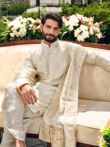 Warm Off White Tissue Jacquard Dhoti Kurta Set
