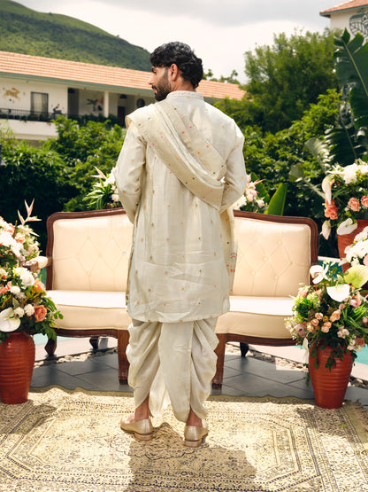 Warm Off White Tissue Jacquard Dhoti Kurta Set