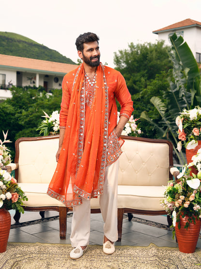 Orange Shimmer Organza Kurta with Dupatta Set with Zari Embroidery and Mirror Work