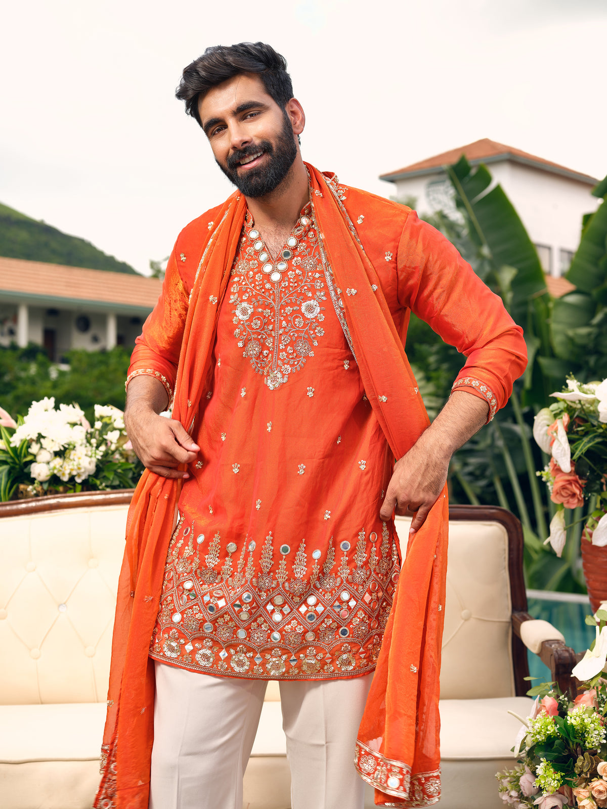 Orange Shimmer Organza Kurta with Dupatta Set with Zari Embroidery and Mirror Work