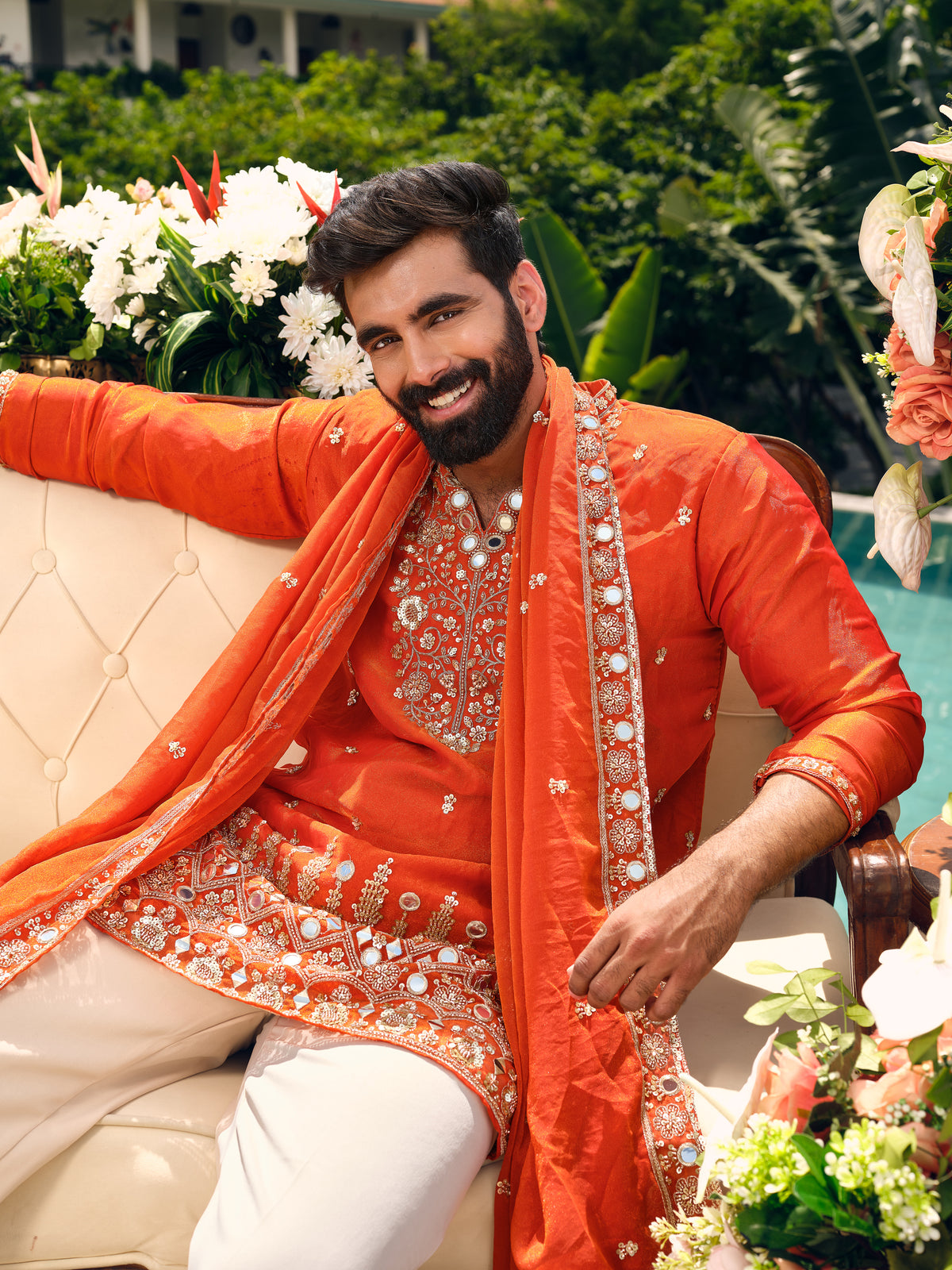 Orange Shimmer Organza Kurta with Dupatta Set with Zari Embroidery and Mirror Work