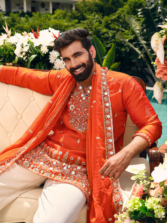 Orange Shimmer Organza Kurta with Dupatta Set with Zari Embroidery and Mirror Work