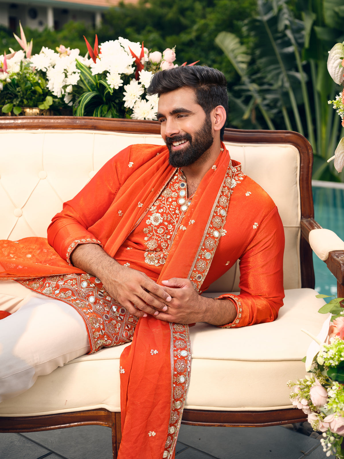 Orange Shimmer Organza Kurta with Dupatta Set with Zari Embroidery and Mirror Work