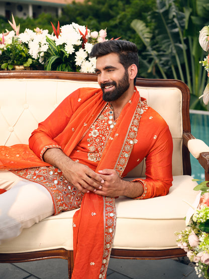 Orange Shimmer Organza Kurta with Dupatta Set with Zari Embroidery and Mirror Work