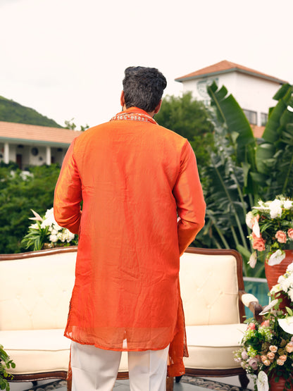 Orange Shimmer Organza Kurta with Dupatta Set with Zari Embroidery and Mirror Work