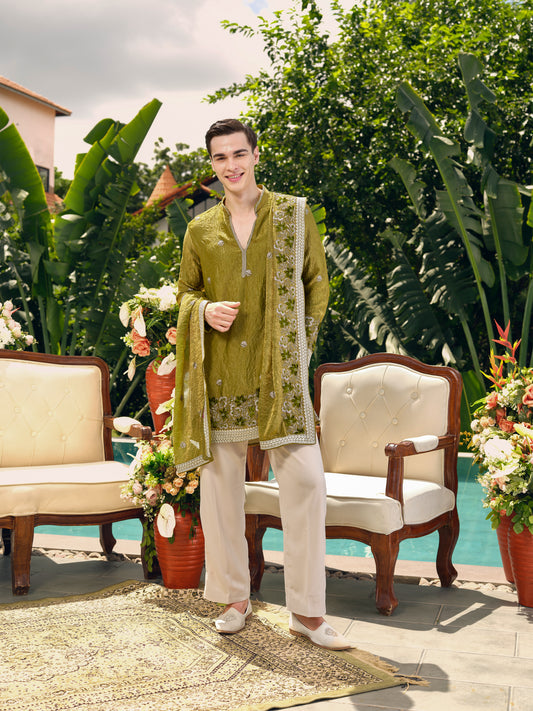 Garden Green Shimmer Organza Kurta with Dupatta Set with Floral Zari Embroidery and Sequins