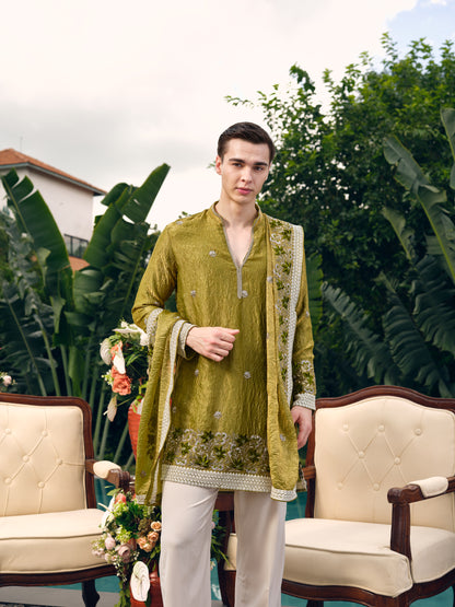 Garden Green Shimmer Organza Kurta with Dupatta Set with Floral Zari Embroidery and Sequins