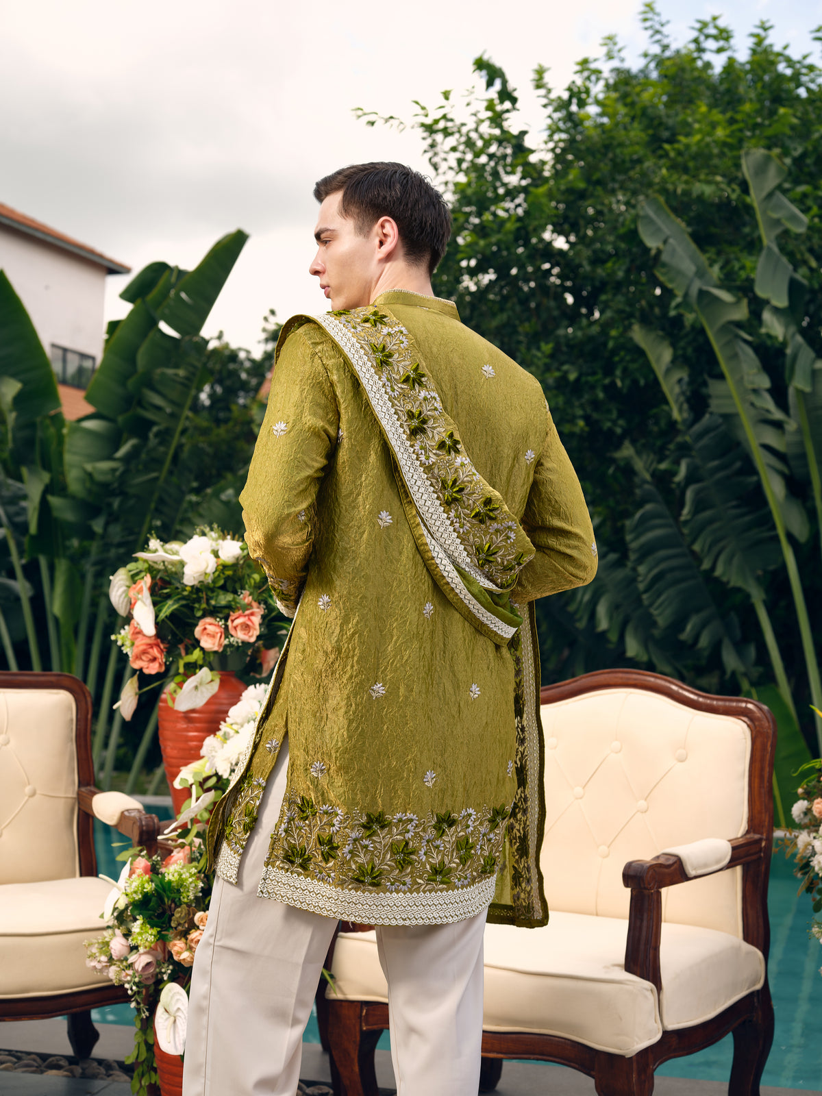 Garden Green Shimmer Organza Kurta with Dupatta Set with Floral Zari Embroidery and Sequins