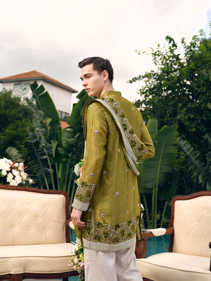 Garden Green Shimmer Organza Kurta with Dupatta Set with Floral Zari Embroidery and Sequins