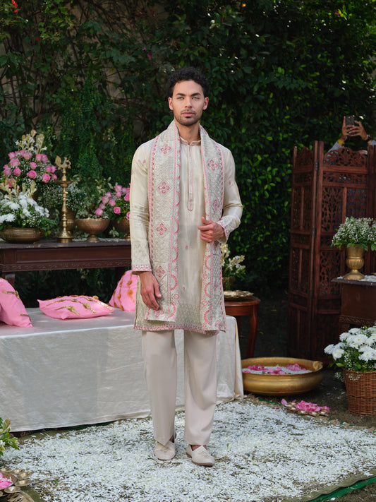 Offwhite Tissue Kurta–Bottom Set with Thread Work Embroidery and Foil