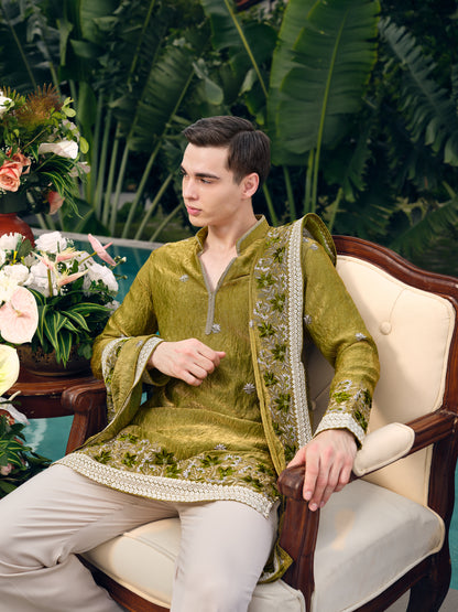 Garden Green Shimmer Organza Kurta with Dupatta Set with Floral Zari Embroidery and Sequins