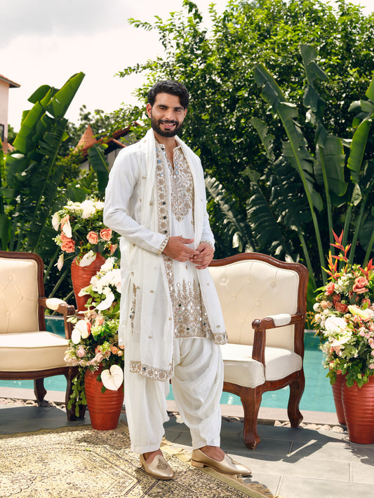 White Shimmer Organza Kurta with Dupatta Set with Zari Embroidery and Mirror Work
