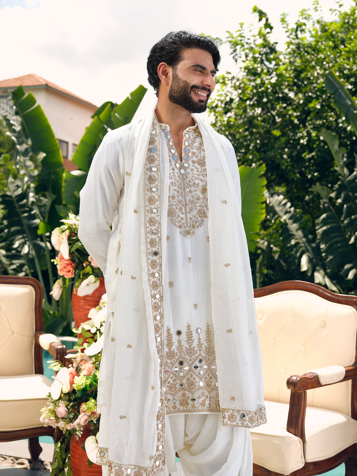 White Shimmer Organza Kurta with Dupatta Set with Zari Embroidery and Mirror Work
