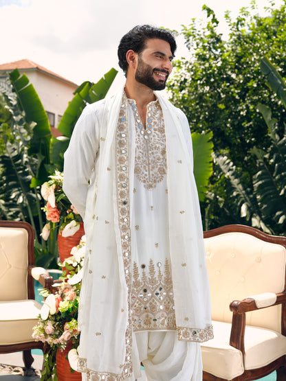White Shimmer Organza Kurta with Dupatta Set with Zari Embroidery and Mirror Work