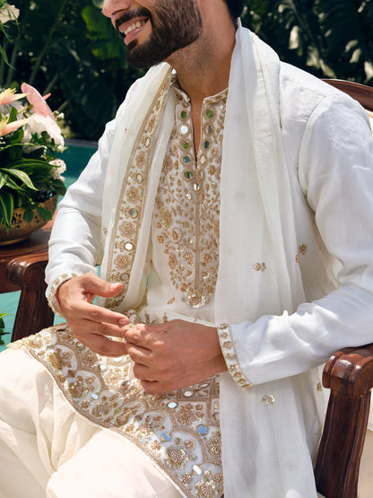 White Shimmer Organza Kurta with Dupatta Set with Zari Embroidery and Mirror Work