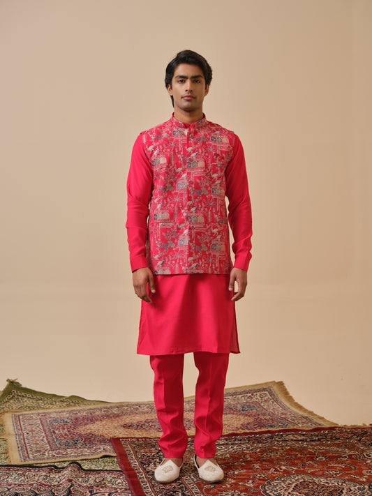 Pink Silk Jacket-Kurta-Bottom Set with Thread Work Embroidery