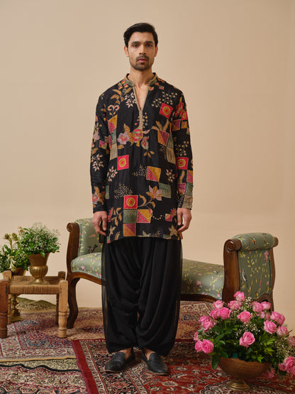 Black Georgette Kurta–Bottom Set with Position Print & Zari Embroidery