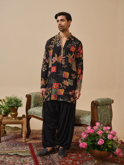 Black Georgette Kurta–Bottom Set with Position Print & Zari Embroidery