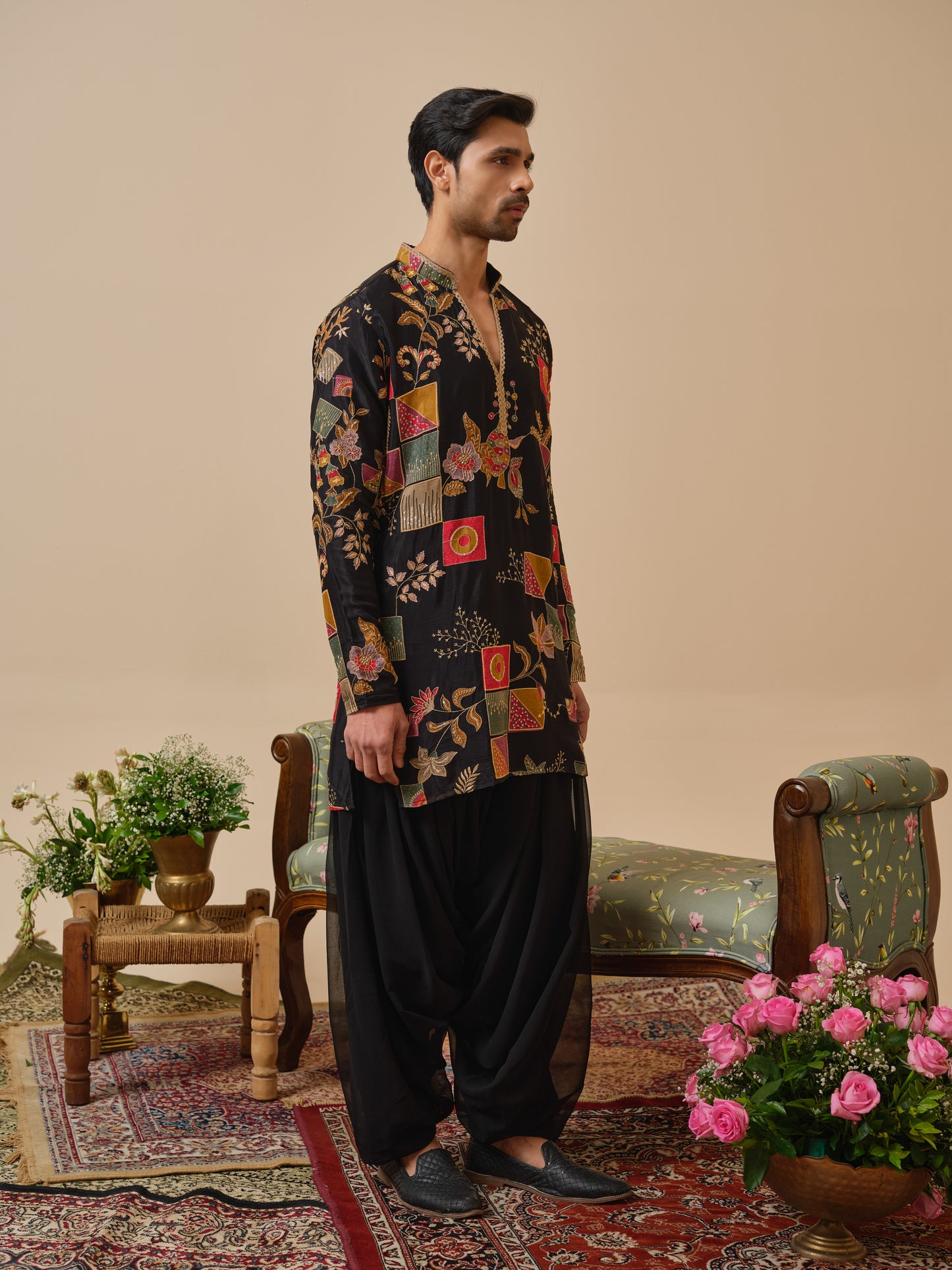 Black Georgette Kurta–Bottom Set with Position Print & Zari Embroidery